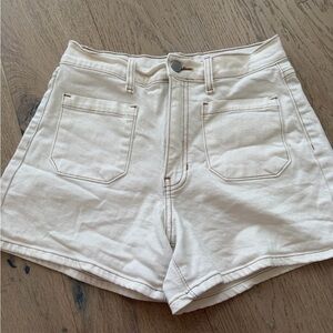High-Rise Cream Denim Shorts with Front Patch Pockets